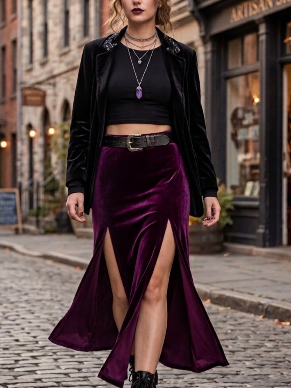 Whimsigoth Vintage 90s/Y2K Exact change deep Purple maxi skirt with side slits